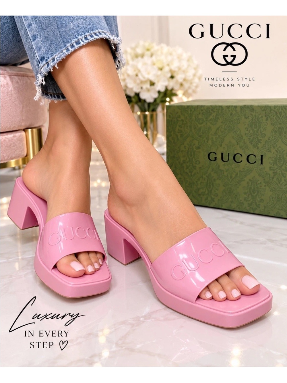 Gucci Pink Patent Block Heel Mule Sandals